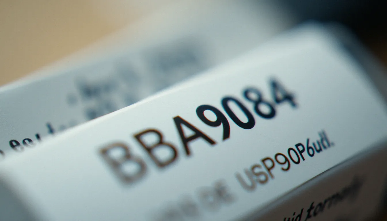 Gros plan extrême sur un numéro de batch CBD imprimé en petits caractères sur une étiquette blanche, avec l'emballage flou en arrière-plan