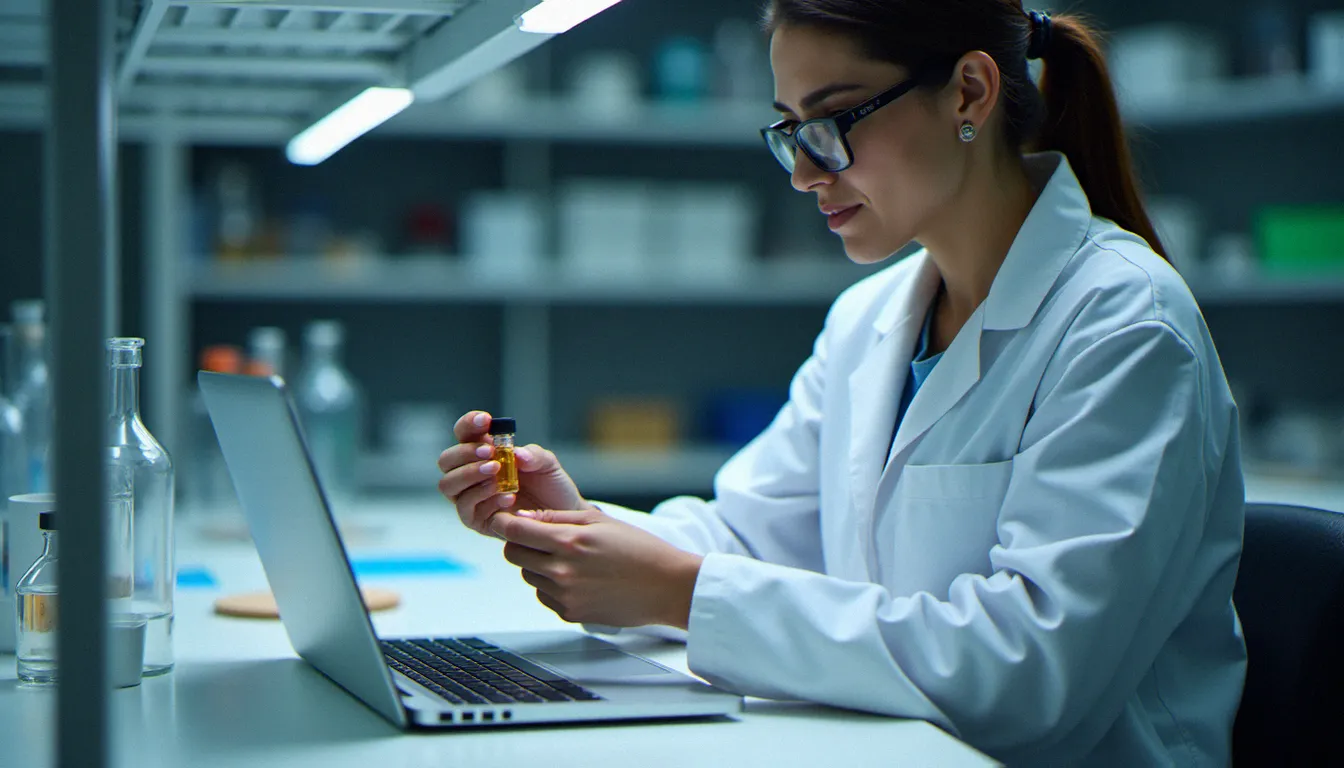 Scientifique en blouse blanche examinant un extrait de CBD en flacon dans un laboratoire, avec des graphiques d'analyse de batch visible sur un écran d'ordinateur en arrière-plan
