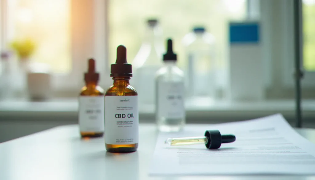 Flacon d'huile de batch CBD avec numéro de lot visible sur l'étiquette posé à côté d'un certificat d'analyse imprimé sur une surface de laboratoire blanche
