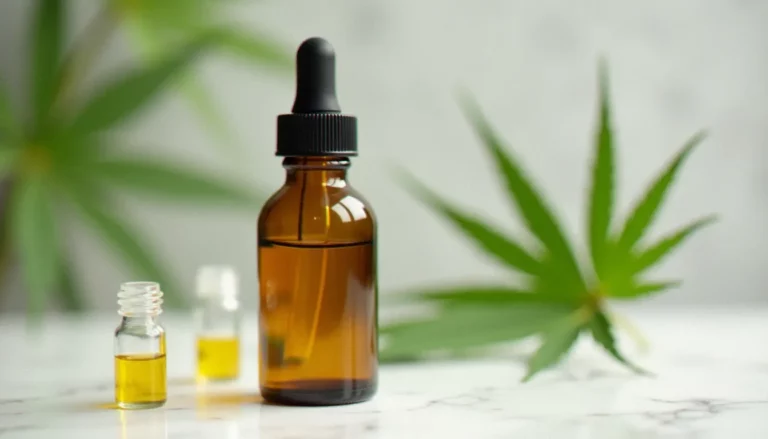 Flacon d'huile de broad spectrum CBD dorée avec des feuilles de chanvre fraîches sur surface marbre, photographie produit professionnelle