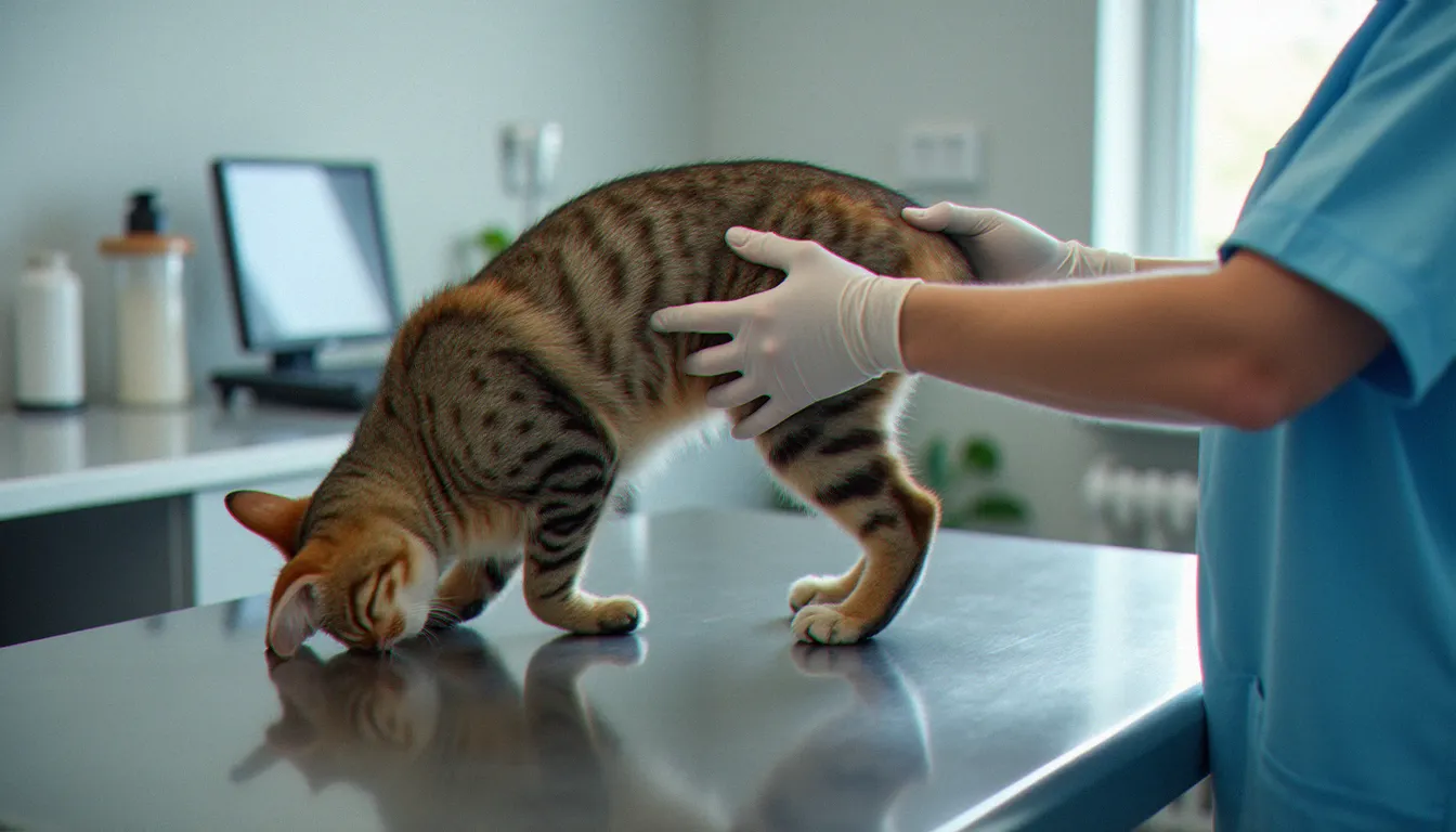 Un chat âgé examiné par un vétérinaire pour des douleurs articulaires, type d'indication où le cat CBD est étudié comme approche complémentaire