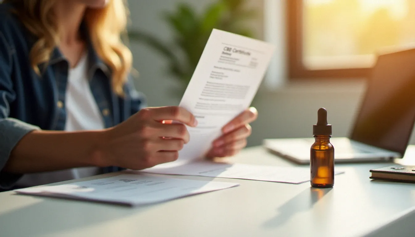 Une personne examine attentivement le certificat d'analyse d'un produit de cat CBD pour vérifier la qualité, la traçabilité et l'absence de THC