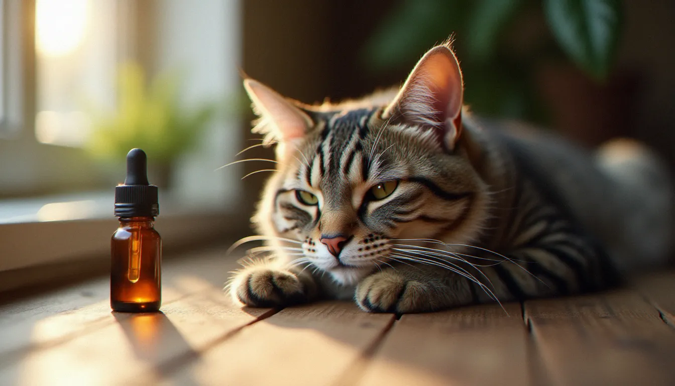 Un chat domestique détendu allongé près d'un flacon compte-gouttes d'huile de cat CBD sur une table en bois, illustrant l'usage du cannabidiol pour félins