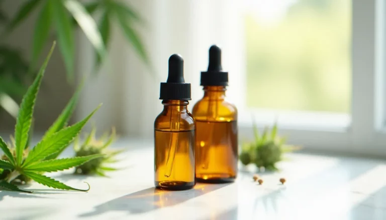 Comparaison cbc vs cbd illustrée par deux flacons compte-gouttes en verre ambré posés sur du marbre blanc, entourés de feuilles de chanvre fraîches sous une lumière naturelle douce