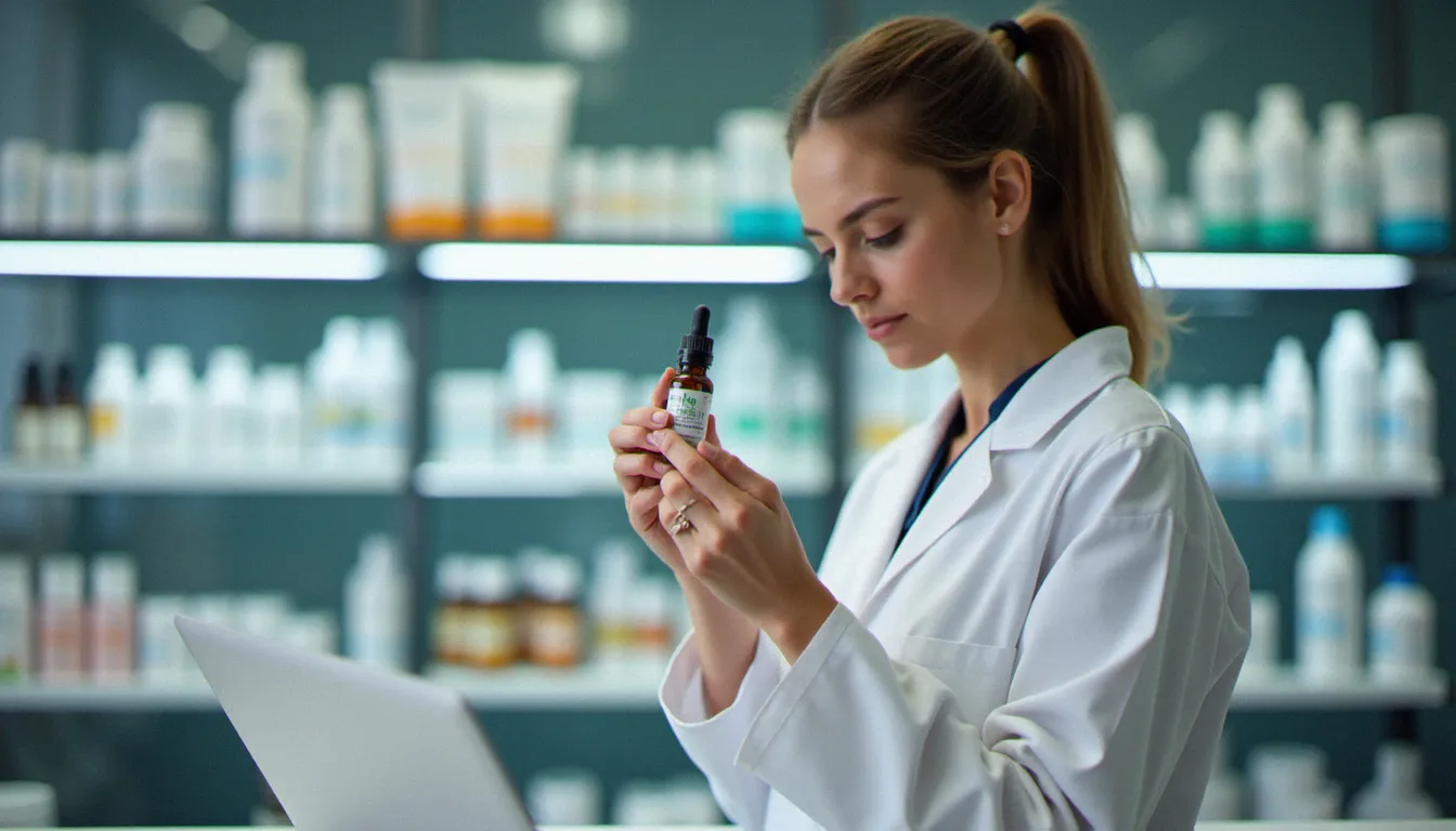 Pharmacienne en blouse blanche inspectant un flacon d'huile de CBD légale dans une pharmacie française, illustrant le cadre réglementaire du cannabidiol en France en 2026