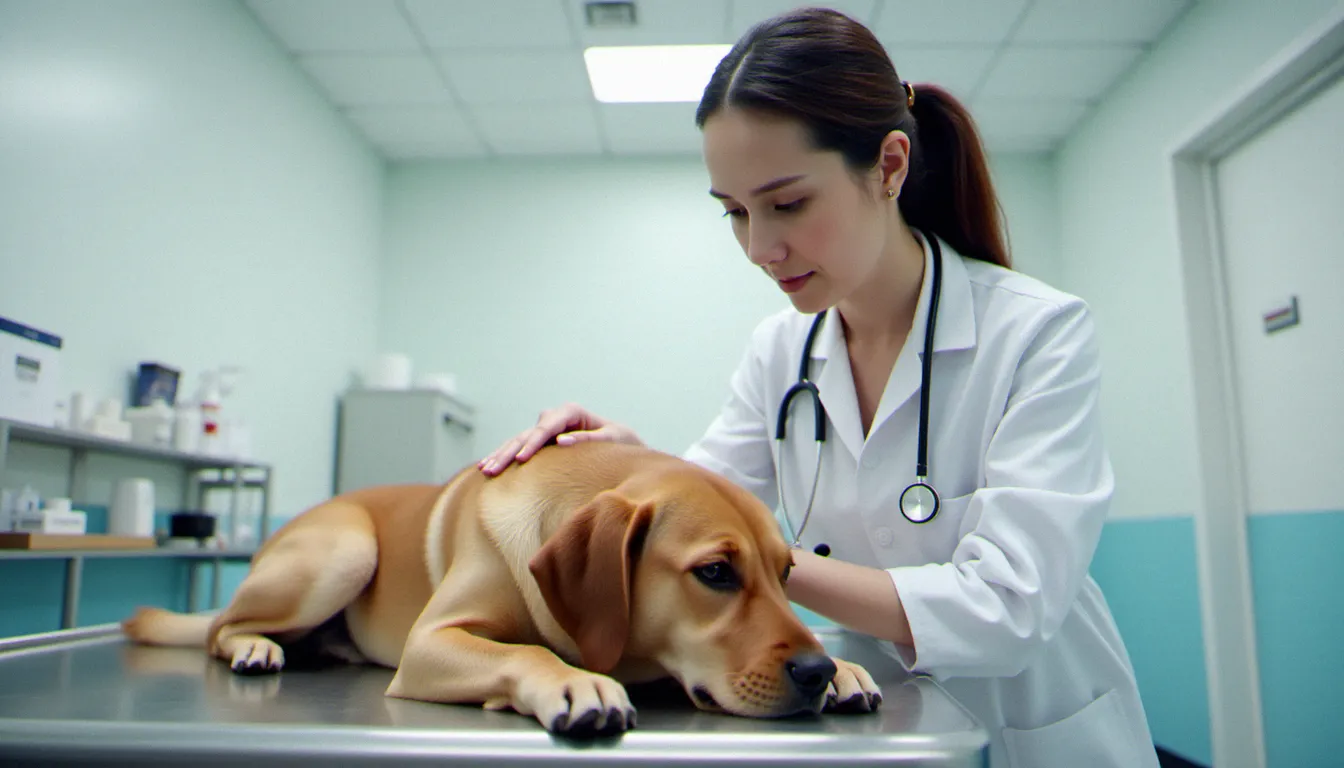 Une vétérinaire examinant un labrador brun posé sur une table d'examen en inox dans une clinique vétérinaire moderne, illustrant le suivi médical lors de l'utilisation de CBD dog treats