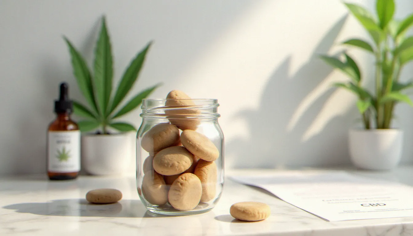 Bocal en verre rempli de CBD dog treats posé sur un comptoir en marbre blanc, accompagné d'un flacon d'huile CBD, d'une feuille de chanvre fraîche et d'un certificat d'analyse de laboratoire
