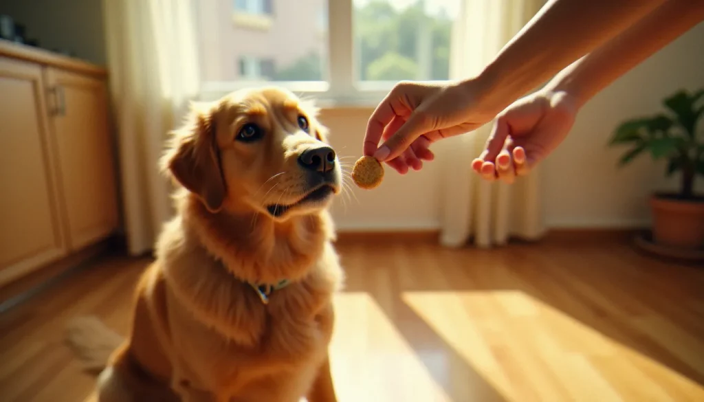 Un golden retriever assis sur un parquet en bois regardant attentivement une CBD dog treat tenue entre deux doigts, lumière naturelle douce en arrière-plan
