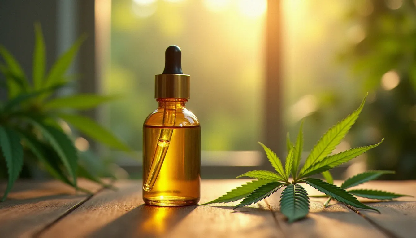 Flacon compte-gouttes d'huile de CBD dorée posé près de feuilles de cannabis sativa, illustrant la réponse à la question cbd 是 什麼 sur la nature du cannabidiol