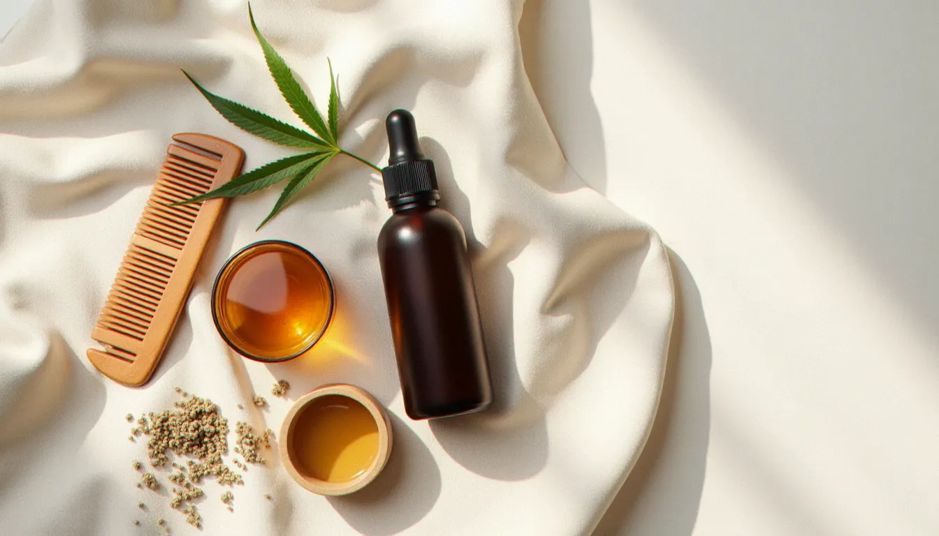 Gamme de produits capillaires au CBD — huile, sérum et accessoires naturels disposés en flat lay sur fond lin, illustrant les différentes formes d'utilisation du CBD contre la chute de cheveux