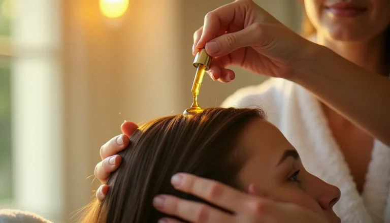 Application d'huile de CBD sur le cuir chevelu pour favoriser la croissance capillaire et stimuler les follicules pileux, geste de massage doux sur cheveux bruns