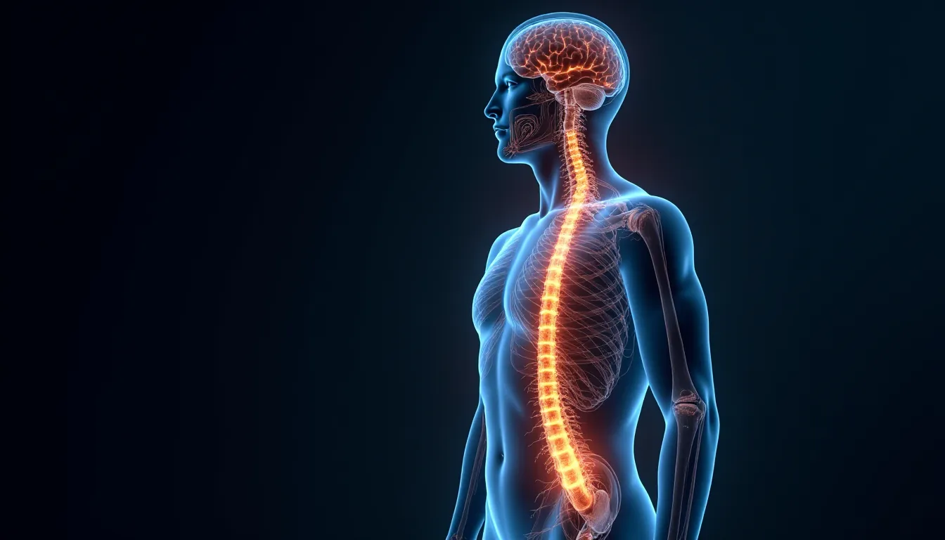 Représentation visuelle du système nerveux humain avec les récepteurs cannabinoïdes CB1 et CB2 illuminés, illustrant l'action du CBD sur les voies de la douleur via le système endocannabinoïde