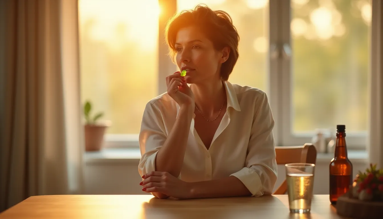Femme d'une quarantaine d'années tenant une gomme au CBD dans sa cuisine baignée de lumière matinale, illustrant la prise quotidienne de cbd gummies for pain relief dans le cadre d'une routine anti-douleur chronique