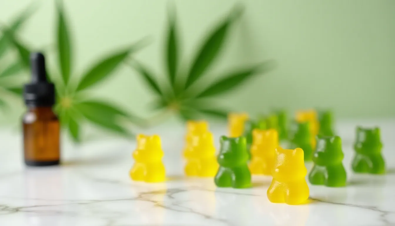 Gummies au CBD en forme d'oursons colorés sur marbre blanc à côté d'un flacon compte-gouttes, illustrant les cbd gummies for pain relief disponibles sur le marché français