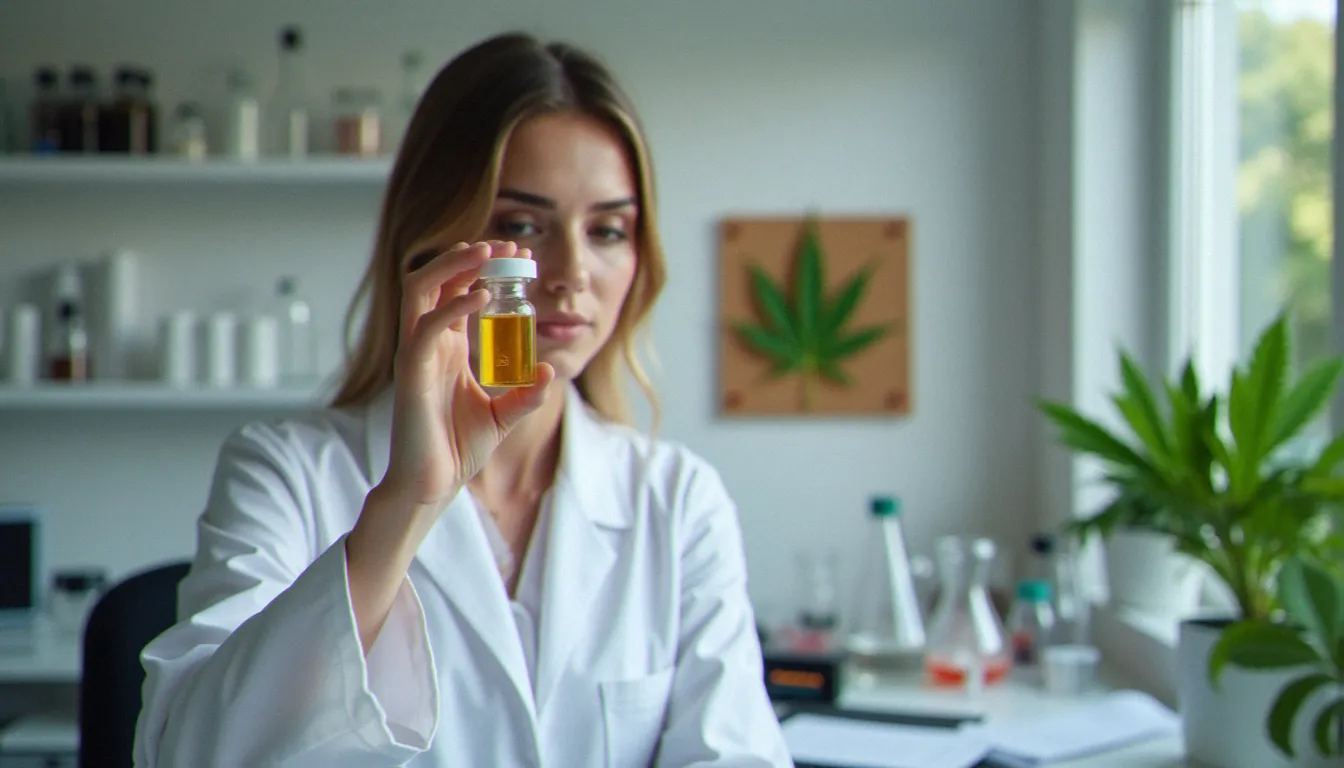 Chercheuse en blouse blanche analysant un extrait de CBD liquide dans un flacon en verre dans un laboratoire scientifique moderne