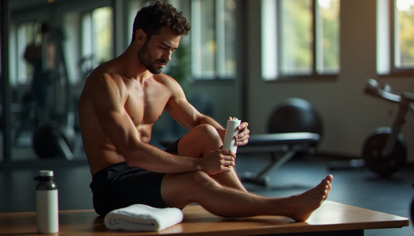 Sportif appliquant une lotion CBD sur son mollet après l'entraînement, assis sur un banc de salle de sport dans une lumière naturelle