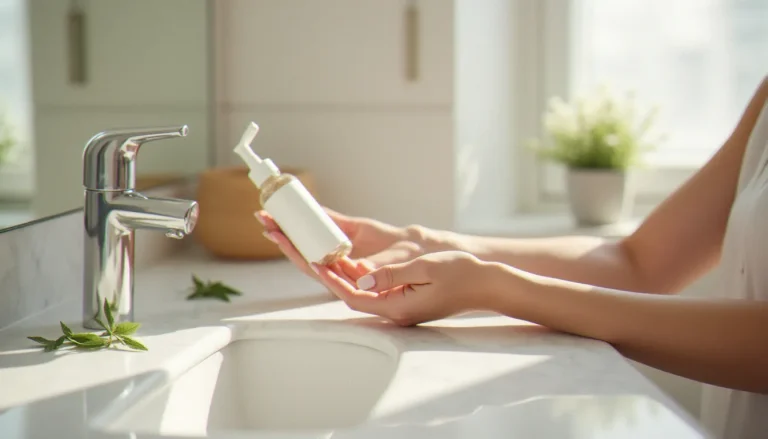 Main appliquant une cbd lotion blanche issue d'un flacon en verre sur un avant-bras, lumière naturelle douce sur fond de marbre blanc
