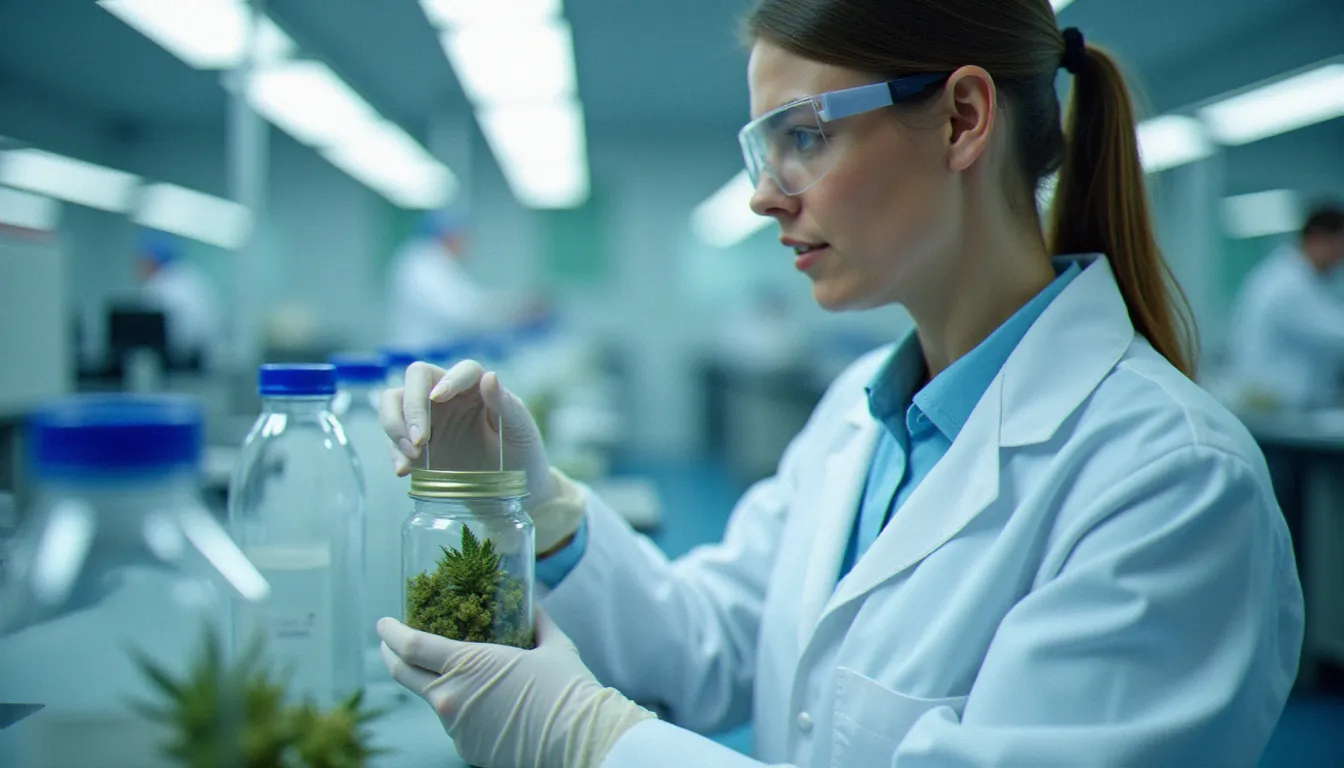 Technicien de laboratoire accrédité analysant un échantillon de fleur de chanvre CBD dans un environnement scientifique contrôlé avec équipements analytiques