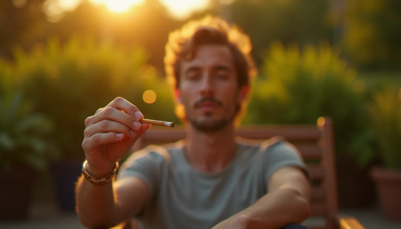 Personne adulte détendue tenant un CBD pre roll sur une terrasse en bois entourée de plantes vertes, dans la lumière dorée du matin