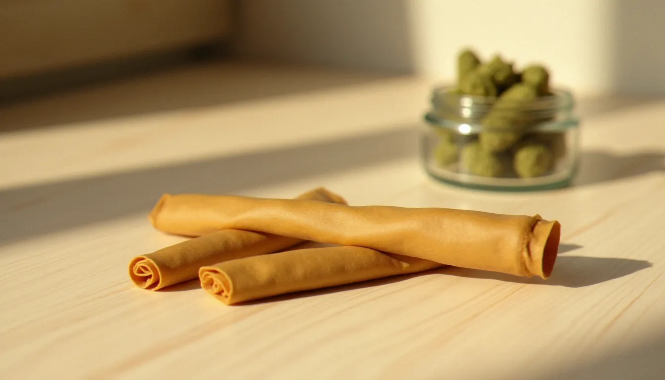 CBD pre roll posé sur une surface en bois clair à côté d'un bocal en verre contenant des fleurs de chanvre CBD, éclairage naturel doux et ambiance apaisante