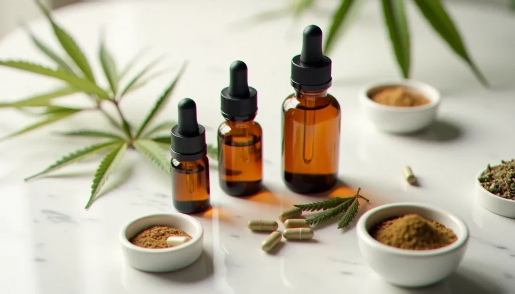 Assortiment de CBD provisions composé de flacons d'huile de CBD, gélules et infusions à base de chanvre disposés sur marbre blanc