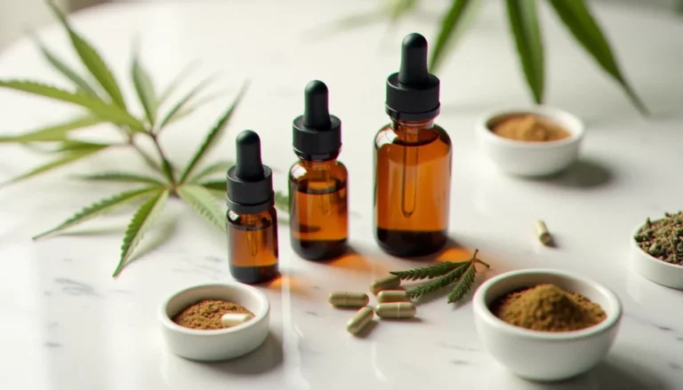 Assortiment de CBD provisions composé de flacons d'huile de CBD, gélules et infusions à base de chanvre disposés sur marbre blanc