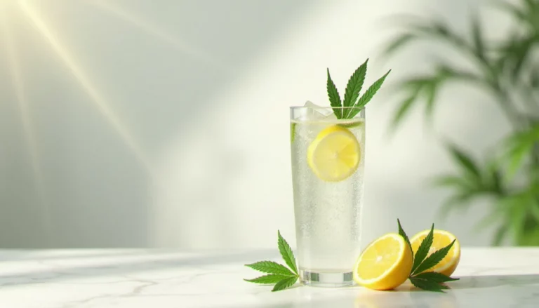 Verre de CBD seltzer pétillant avec glaçons posé sur un comptoir en marbre blanc, accompagné de feuilles de chanvre et de rondelles de citron, illustrant la boisson au cannabidiol