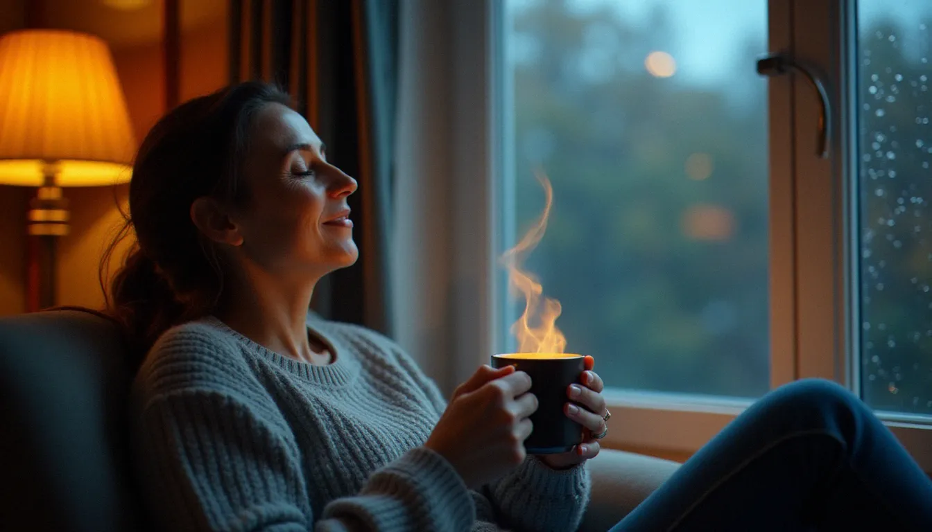 Femme sereine en pull gris tenant une tasse de CBD tea près d'une fenêtre au crépuscule, illustrant les bienfaits relaxants et apaisants de l'infusion au cannabidiol en soirée
