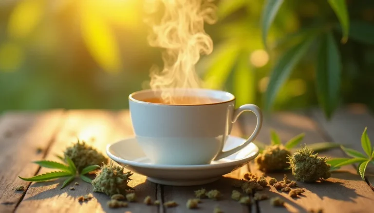 Tasse en céramique blanche remplie de CBD tea fumant entourée de fleurs de chanvre séchées sur une table en bois, illustrant la préparation d'une infusion au cannabidiol artisanale