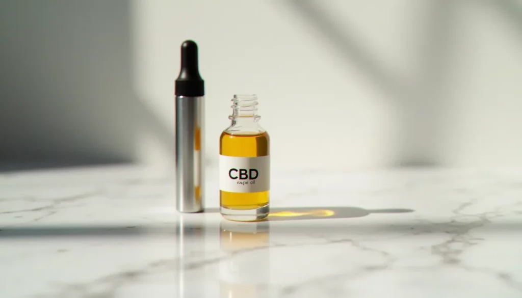 Flacon de cbd vape oil en verre avec un stylo vaporisateur posé sur marbre blanc, éclairage naturel doux