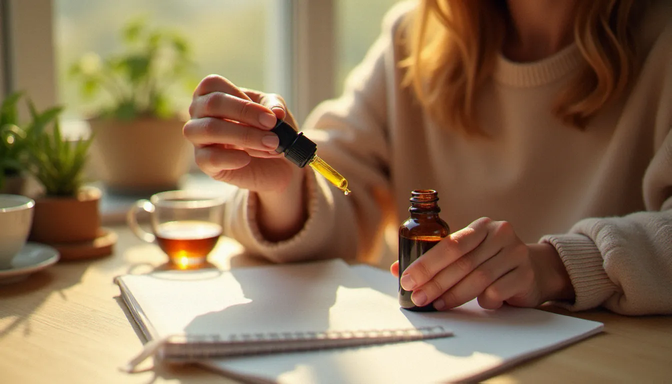 Femme lisant attentivement l'étiquette d'une huile de cannabinoïde à la lumière du matin pour choisir entre CBD et CBG selon ses besoins personnels
