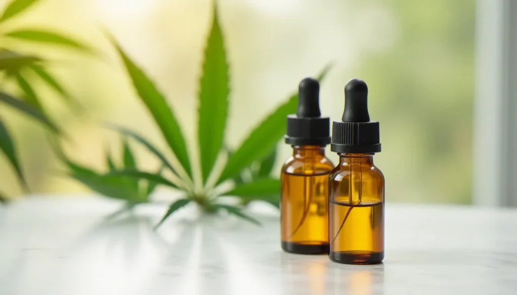 Deux flacons d'huile de cannabinoïdes côte à côte sur marbre blanc représentant la comparaison CBD vs CBG, entourés de feuilles de chanvre en arrière-plan flou