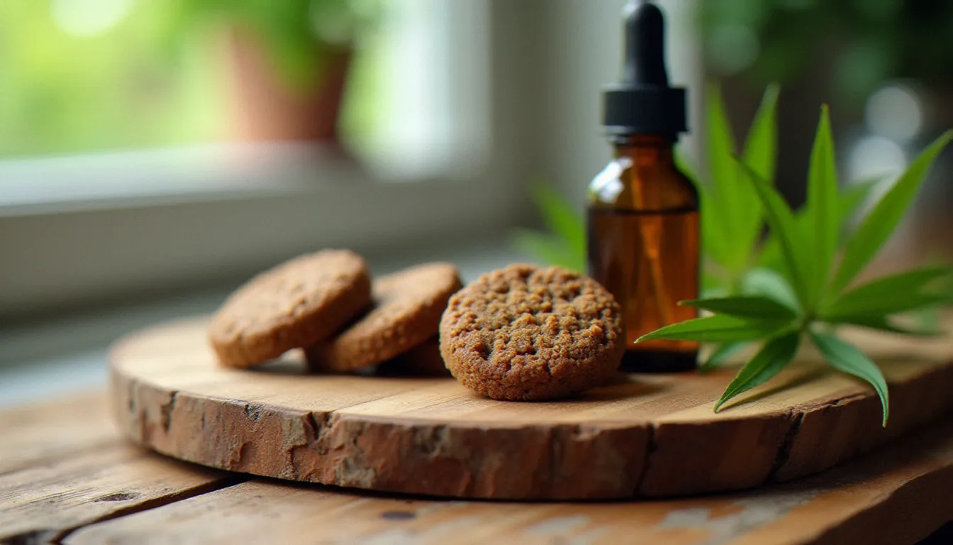 Gros plan sur des dog CBD treats disposés sur une planche en bois rustique à côté d'un flacon d'huile CBD et de feuilles de chanvre fraiches, éclairage naturel doux
