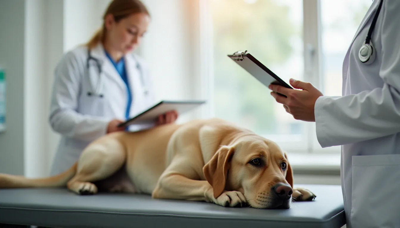 Un vieux labrador est examiné par une vétérinaire en blouse blanche dans un cabinet vétérinaire moderne, illustrant le suivi médical recommandé lors de l'utilisation de dog CBD treats