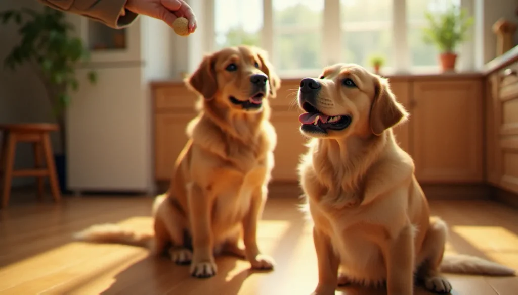 Un golden retriever regarde attentivement une friandise dog CBD treat tenue dans la main de sa propriétaire, dans une cuisine lumineuse baignée de soleil