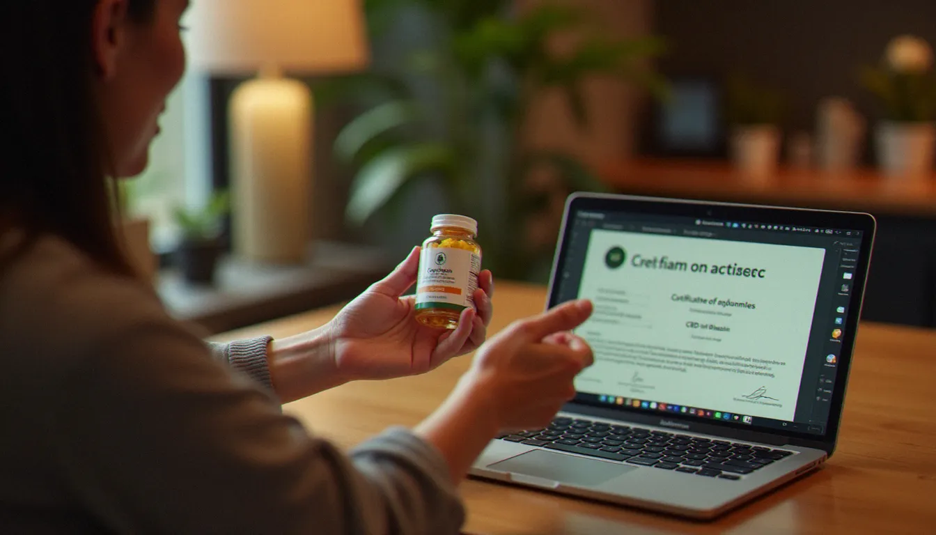 Une femme examine attentivement l'étiquette d'un produit de gummies au CBD à son bureau, un certificat d'analyse affiché sur écran d'ordinateur illustrant les critères de choix pour éviter les faux produits comme les dr oz cbd gummies