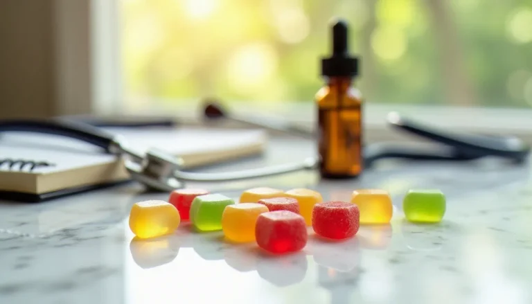 Gummies au CBD colorées disposées sur une surface en marbre blanc à côté d'un flacon compte-gouttes en verre ambré, évoquant les dr oz cbd gummies et les produits CBD populaires sur le marché