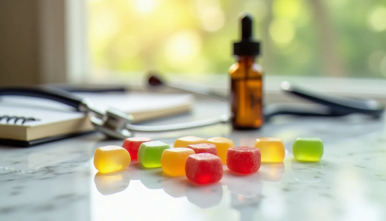 Gummies au CBD colorées disposées sur une surface en marbre blanc à côté d'un flacon compte-gouttes en verre ambré, évoquant les dr oz cbd gummies et les produits CBD populaires sur le marché