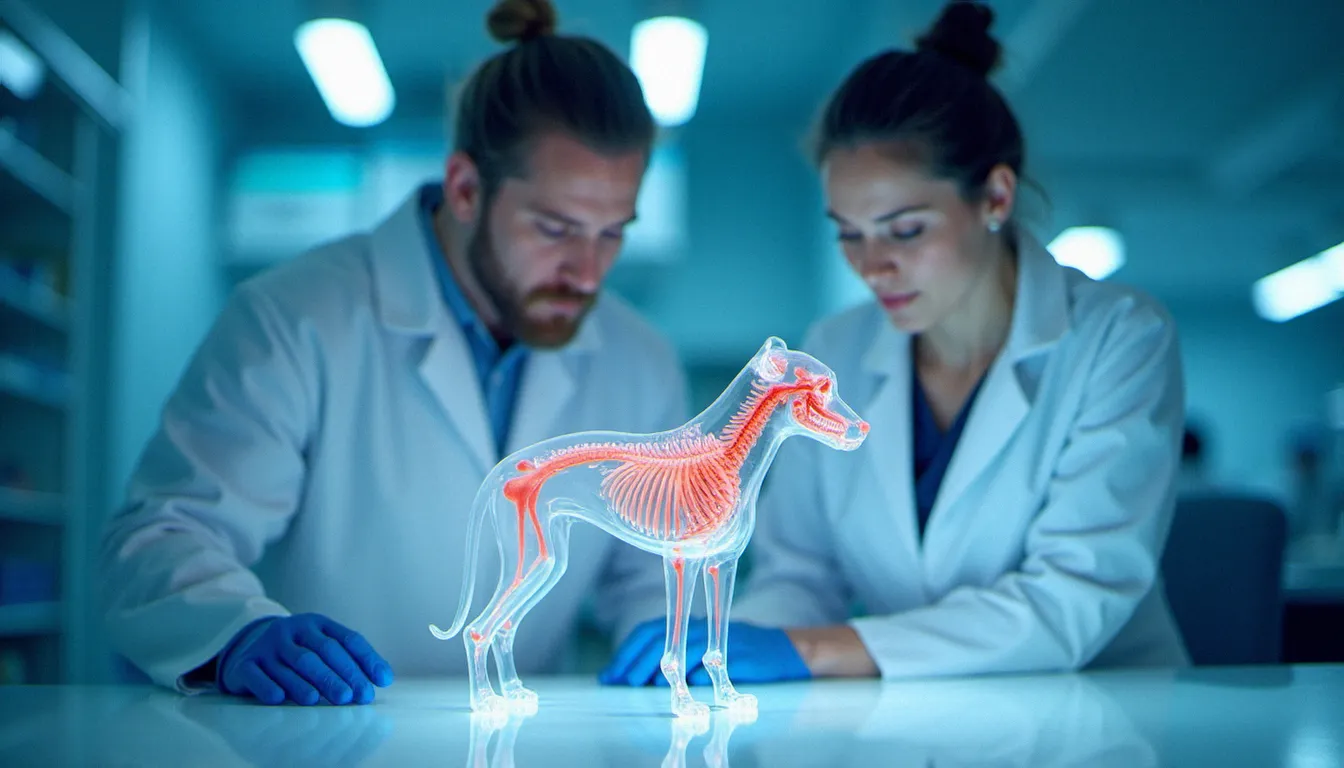 Vétérinaire en laboratoire étudiant le système endocannabinoïde d'un chien, représentant le mécanisme d'action du CBD ElleVet
