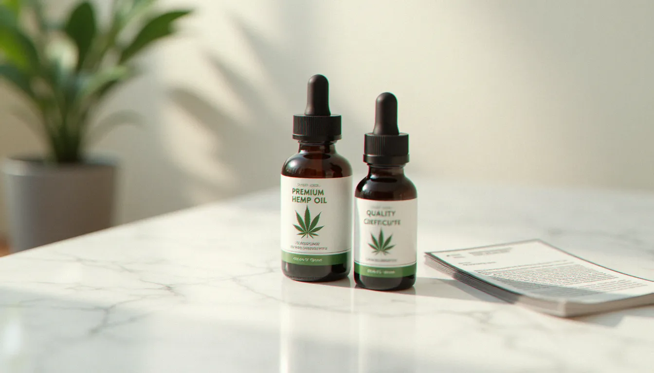 Deux flacons de CBD vétérinaire avec certificat d'analyse visible, illustrant les critères de qualité différenciant ElleVet CBD de la concurrence