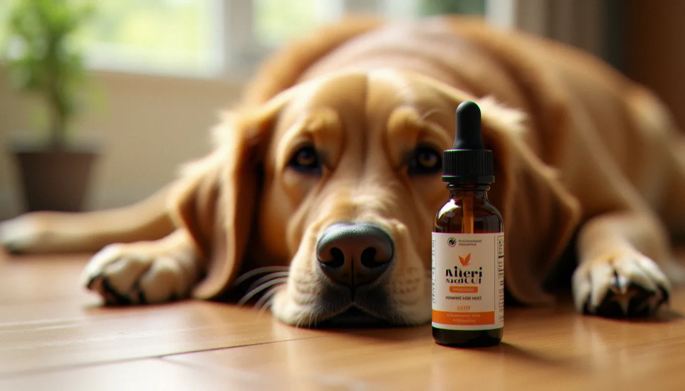 Un golden retriever couché à côté d'un flacon d'huile CBD vétérinaire ElleVet, illustration du CBD pour chiens