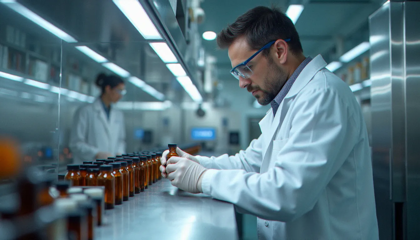 Technicien en laboratoire pharmaceutique vérifiant des fioles d'extrait de chanvre issues d'une machine d'extraction supercritique au CO2, représentant le processus de fabrication rigoureux de five cbd