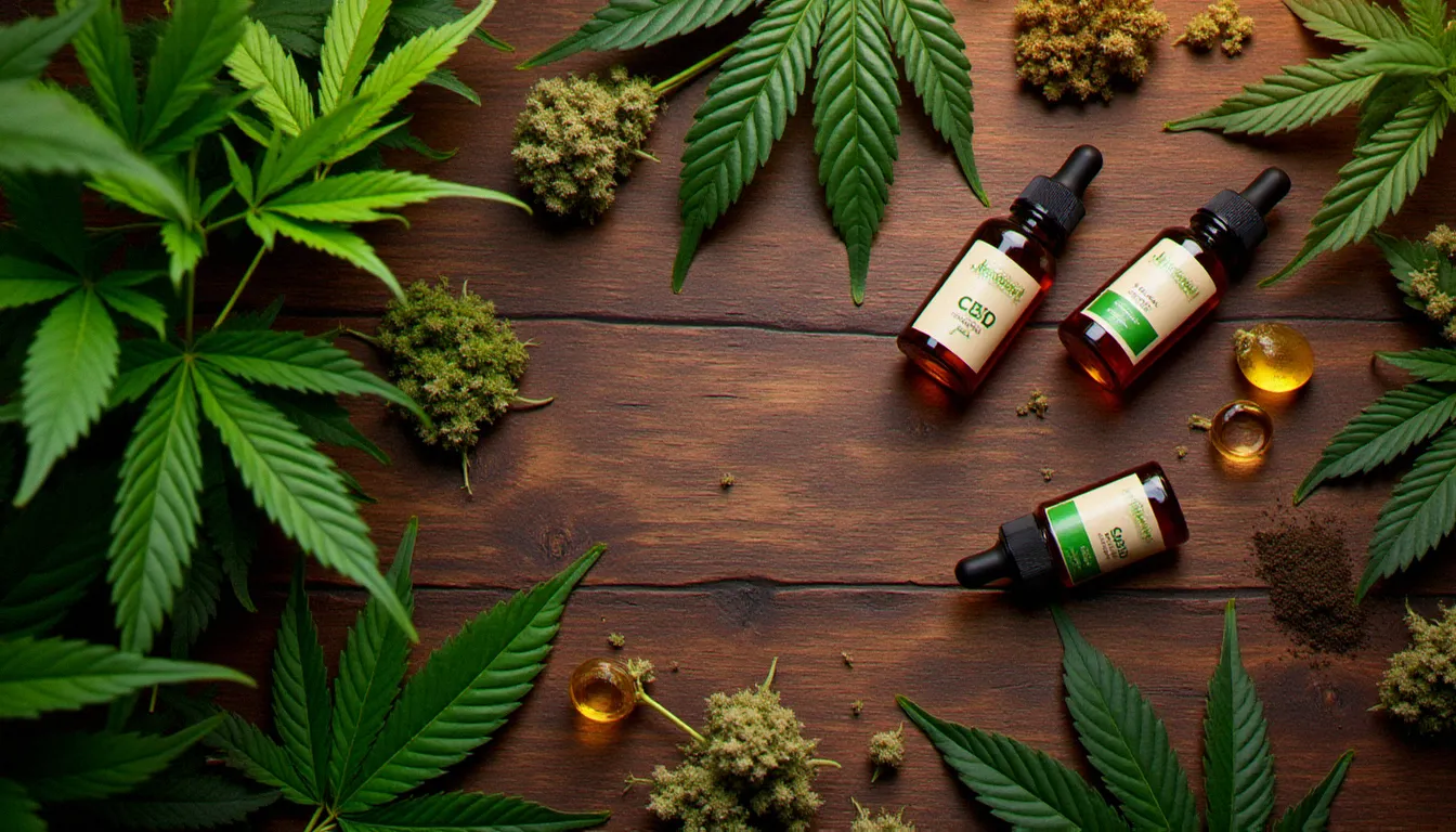 Vue aérienne des différents cannabinoïdes issus du spectre complet du chanvre — CBD, CBG, CBN — dans de petites fioles dorées sur fond de bois, illustrant la philosophie full-spectrum de five cbd