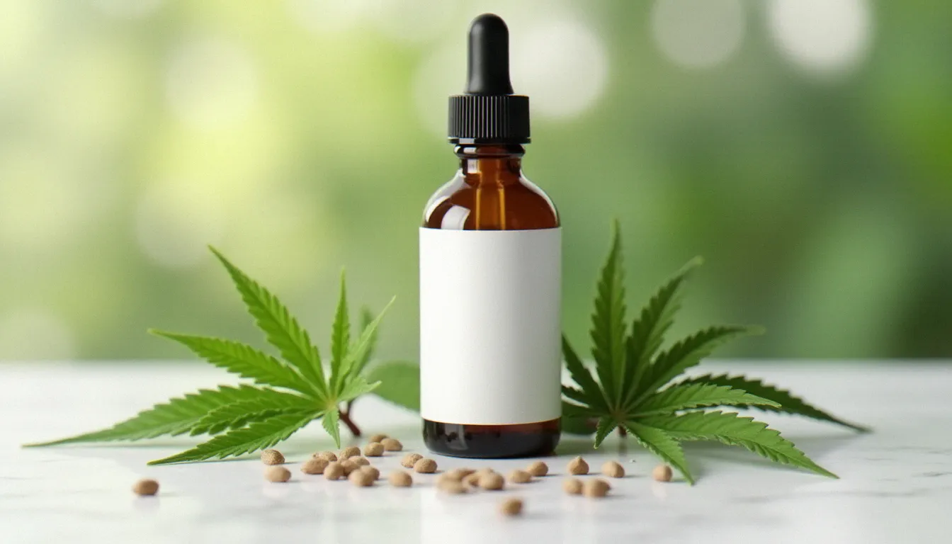 Flacon d'huile CBD full-spectrum posé sur du marbre blanc entouré de feuilles de chanvre fraîches, illustrant les produits five cbd et leur composition naturelle