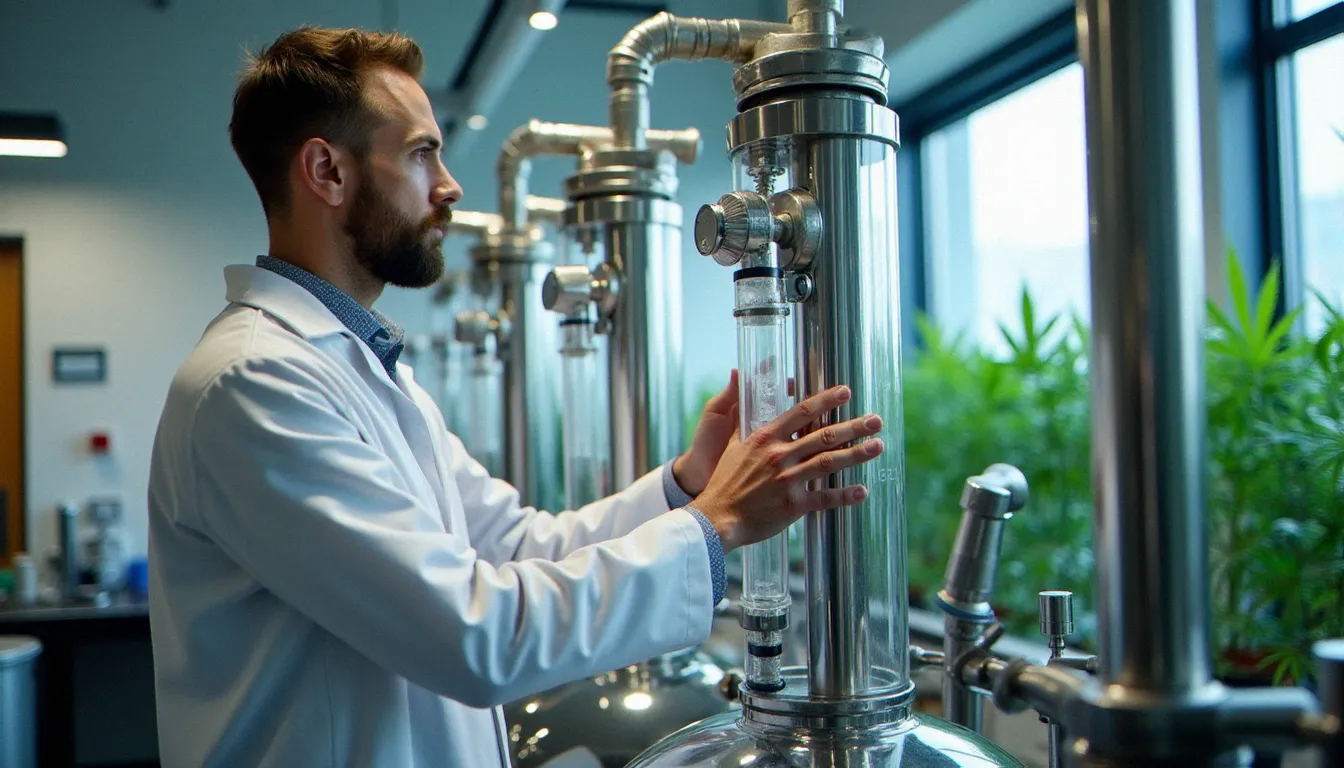 Technicien de laboratoire utilisant une machine d'extraction au CO2 supercritique pour produire de l'isolat de CBD pur