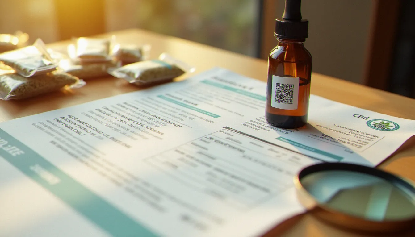 Certificat d'analyse COA d'un produit just CBD posé sur un bureau avec flacon d'huile et loupe, illustrant l'importance de la traçabilité analytique dans le secteur CBD