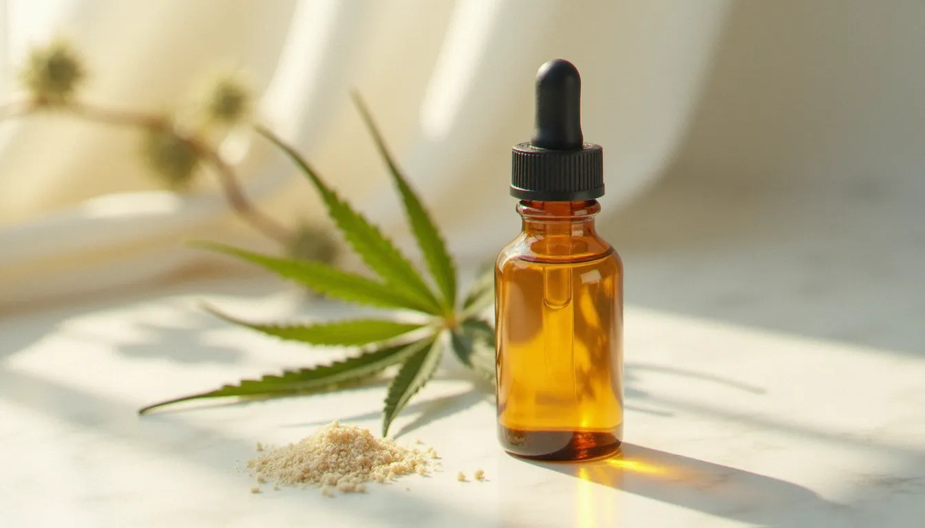 Flacon d'huile just CBD et isolat cristallisé sur marbre blanc avec feuilles de chanvre séchées, illustrant la pureté d'un produit cannabidiol