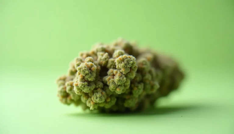 Fleur de plain jane CBD en gros plan, bractées denses recouvertes de trichomes blancs sur fond neutre, lumière naturelle