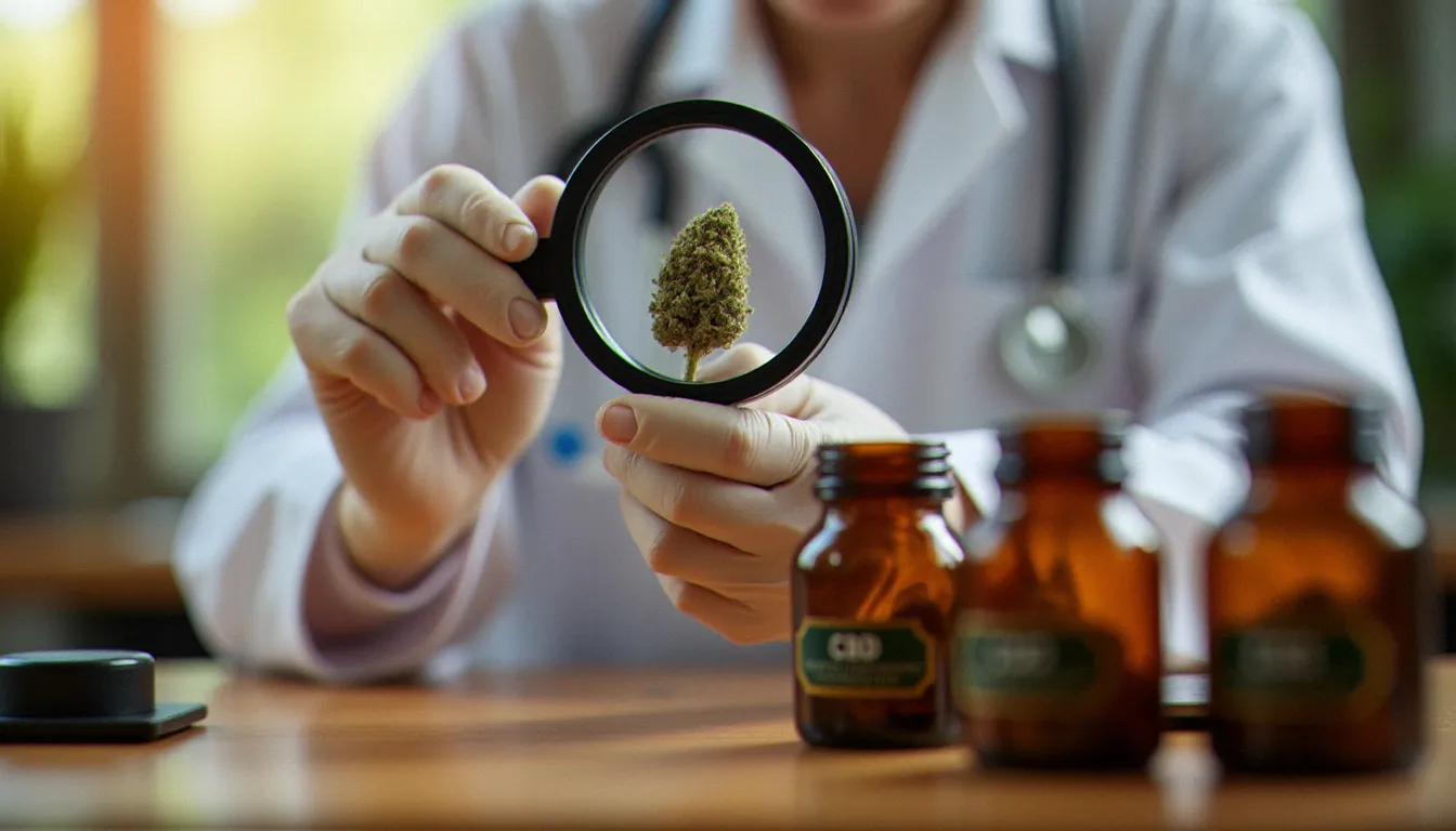 Expert en blouse blanche examinant à la loupe une fleur de CBD indica pour évaluer la maturité des trichomes et la qualité du produit en laboratoire