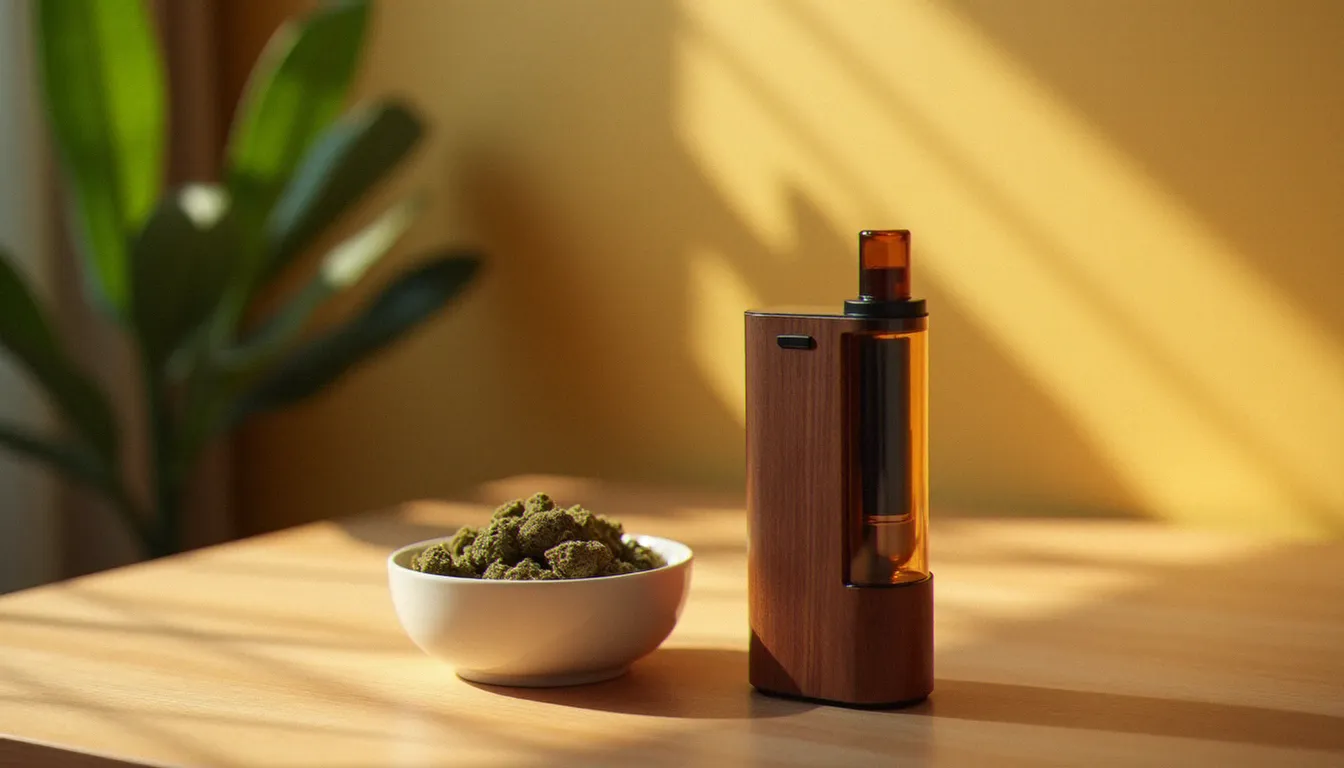Vaporisateur en verre et bois posé à côté de fleurs de sour chem indica CBD séchées dans un bol en céramique blanche, illustrant une méthode de consommation légale et sans combustion